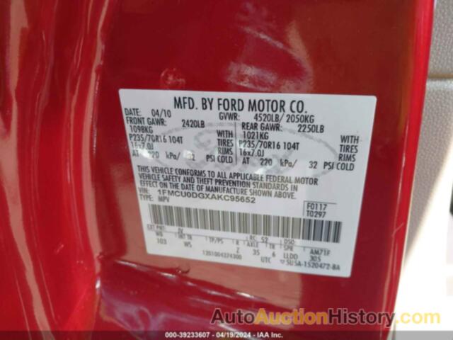 FORD ESCAPE XLT, 1FMCU0DGXAKC95652