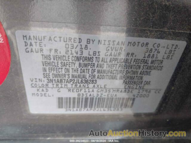 NISSAN SENTRA SV, 3N1AB7AP2JL636283