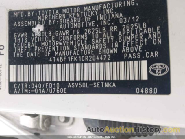 TOYOTA CAMRY LE, 4T4BF1FK1CR204472