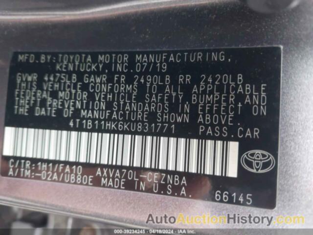 TOYOTA CAMRY LE, 4T1B11HK6KU831771