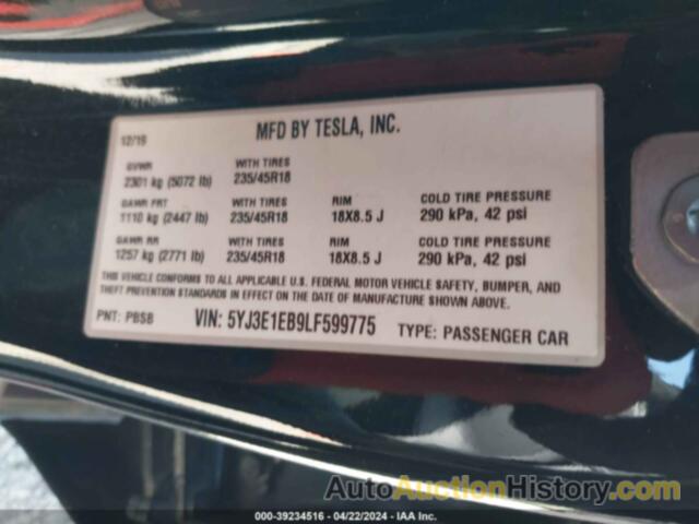 TESLA MODEL 3 LONG RANGE DUAL MOTOR ALL-WHEEL DRIVE, 5YJ3E1EB9LF599775