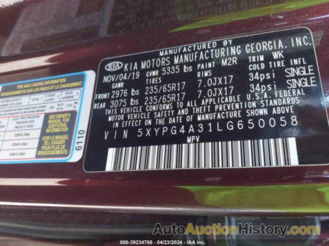 KIA SORENTO L/LX, 5XYPG4A31LG650058