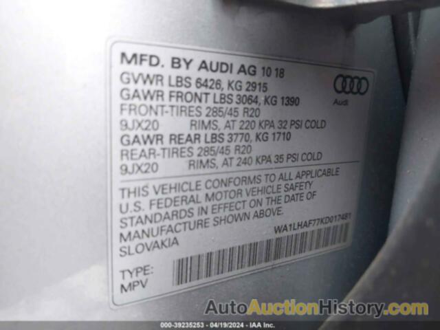 AUDI Q7 45 PREMIUM/45 SE PREMIUM, WA1LHAF77KD017481