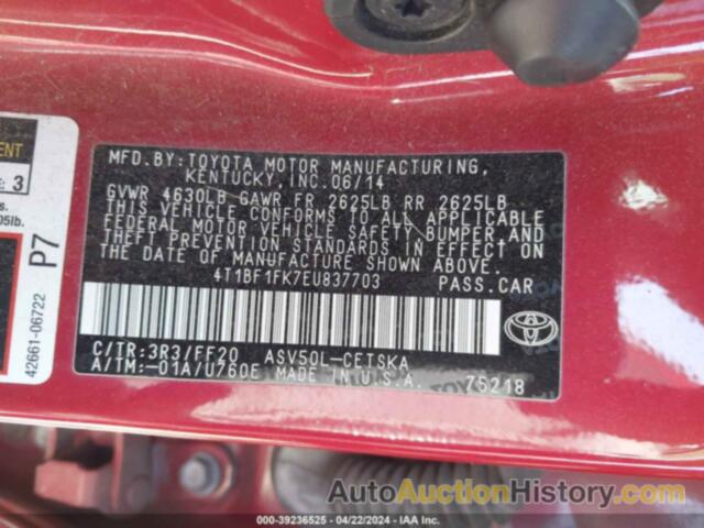 TOYOTA CAMRY L/SE/LE/XLE, 4T1BF1FK7EU837703