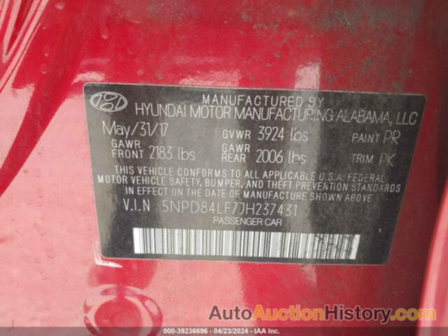 HYUNDAI ELANTRA SEL/VALUE/LIMITED, 5NPD84LF7JH237431