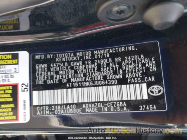 TOYOTA CAMRY XLE, 4T1B11HK6JU064390