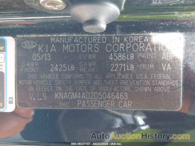 KIA OPTIMA HYBRID LX, KNAGM4AD2D5046463