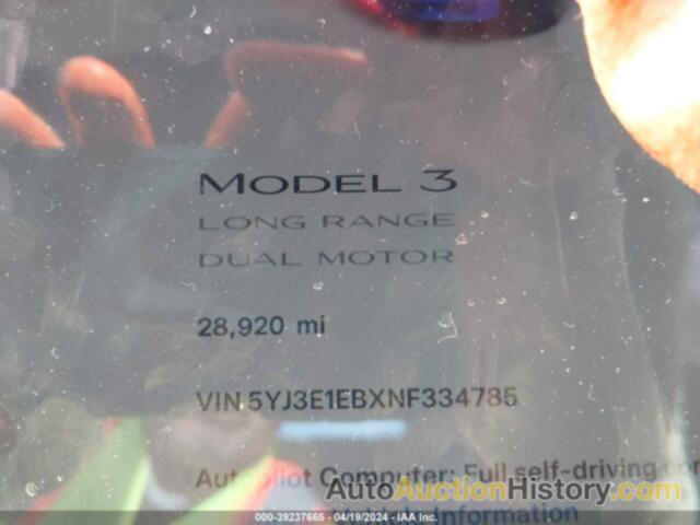 TESLA MODEL 3 LONG RANGE DUAL MOTOR ALL-WHEEL DRIVE, 5YJ3E1EBXNF334785