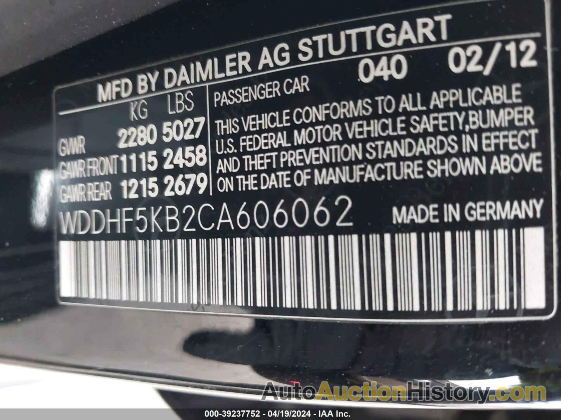 MERCEDES-BENZ E 350, WDDHF5KB2CA606062