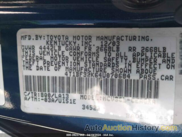 TOYOTA CAMRY XLE V6, 4T1BF32K64U070684