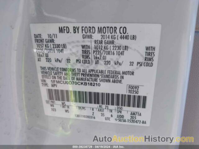 FORD ESCAPE XLT, 1FMCU0D70CKB18210