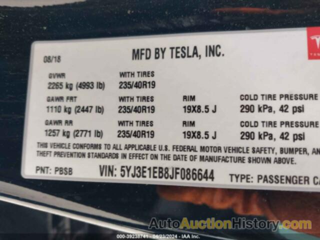 TESLA MODEL 3 LONG RANGE/PERFORMANCE, 5YJ3E1EB8JF086644