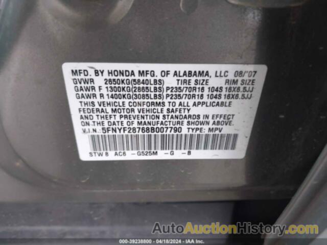 HONDA PILOT EX-L, 5FNYF28768B007790