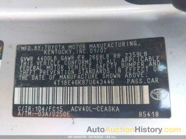 TOYOTA CAMRY SE, 4T1BE46K87U643446