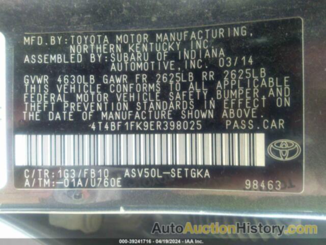 TOYOTA CAMRY XLE, 4T4BF1FK9ER398025