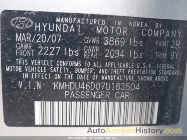 HYUNDAI ELANTRA GLS/LIMITED/SE, KMHDU46D07U183504