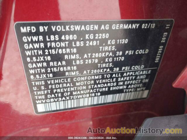 VOLKSWAGEN TIGUAN S, WVGBV3AX7DW081519