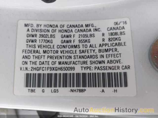 HONDA CIVIC TOURING, 2HGFC1F9XGH650099