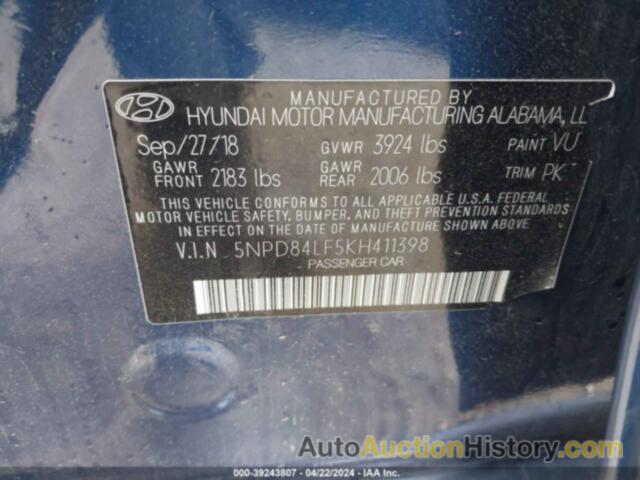 HYUNDAI ELANTRA SEL, 5NPD84LF5KH411398