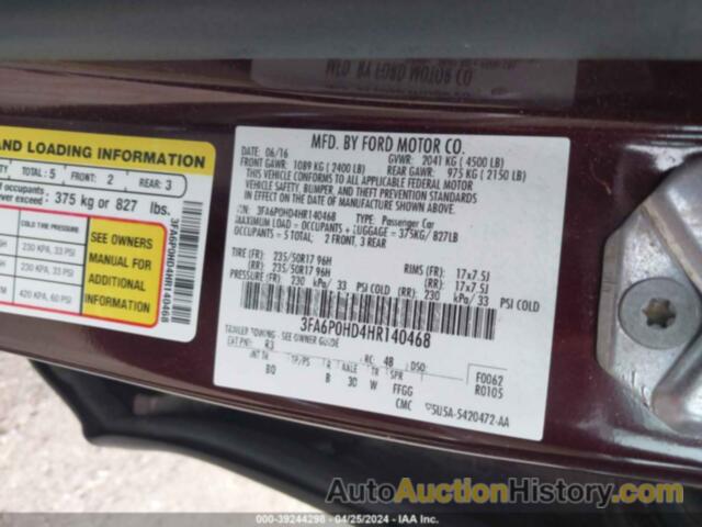 FORD FUSION SE, 3FA6P0HD4HR140468