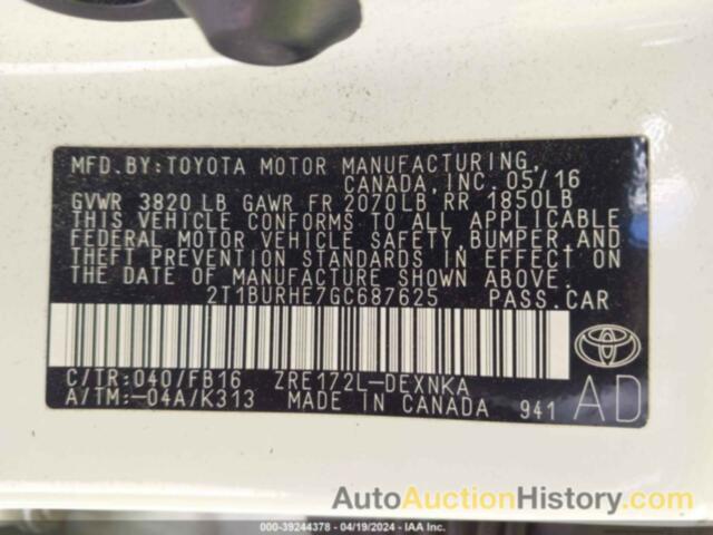 TOYOTA COROLLA LE, 2T1BURHE7GC687625