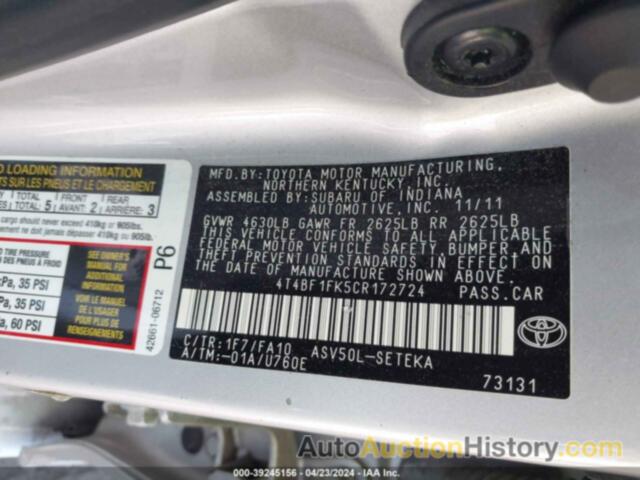 TOYOTA CAMRY L, 4T4BF1FK5CR172724