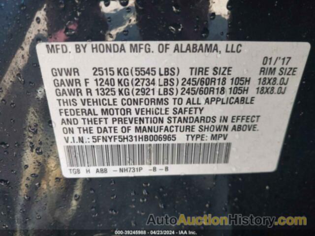 HONDA PILOT EX, 5FNYF5H31HB006965