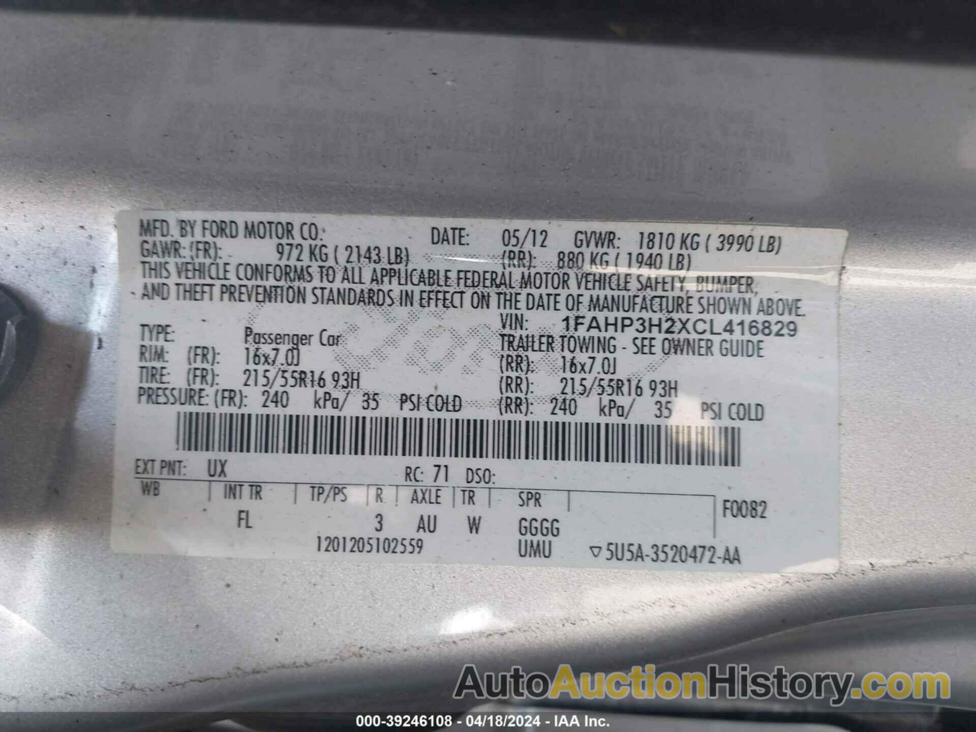 FORD FOCUS SEL, 1FAHP3H2XCL416829