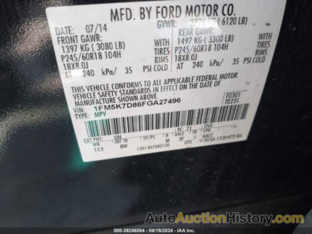 FORD EXPLORER XLT, 1FM5K7D86FGA27496