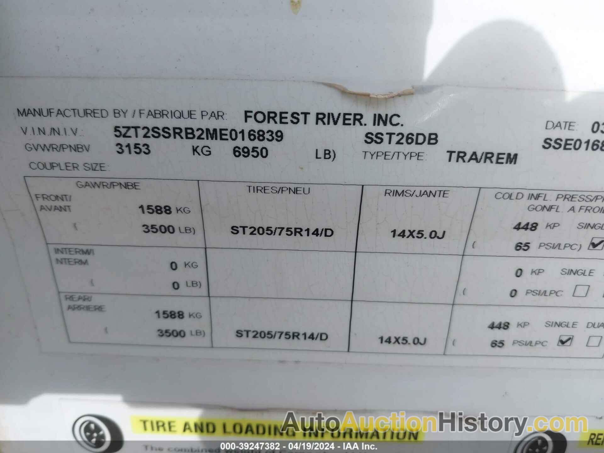 FOREST RIVER SHASTA, 5ZT2SSRB2ME016839