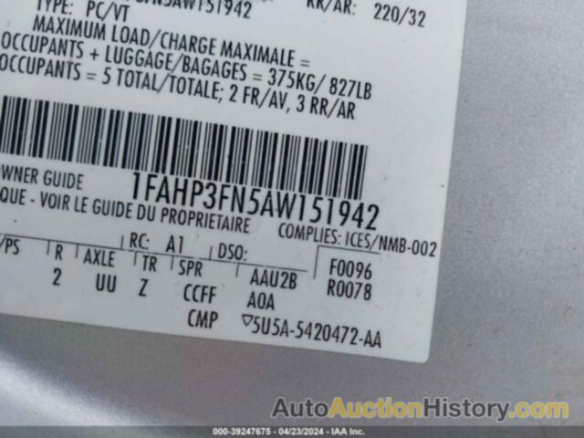 FORD FOCUS SE, 1FAHP3FN5AW151942