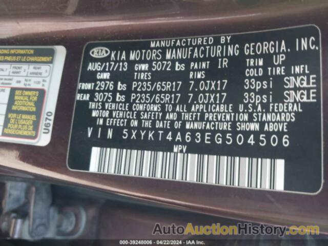 KIA SORENTO LX, 5XYKT4A63EG504506