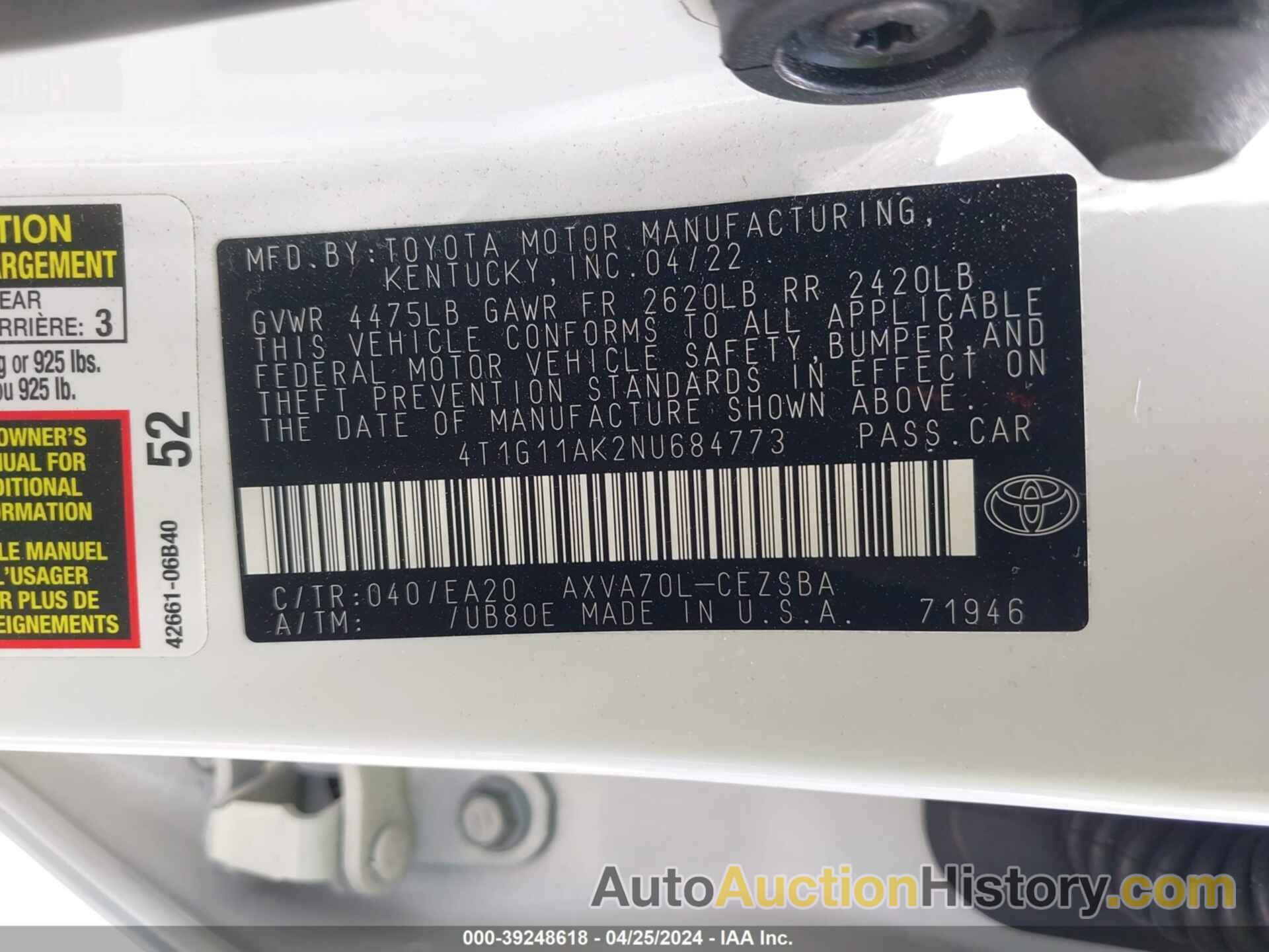 TOYOTA CAMRY SE, 4T1G11AK2NU684773