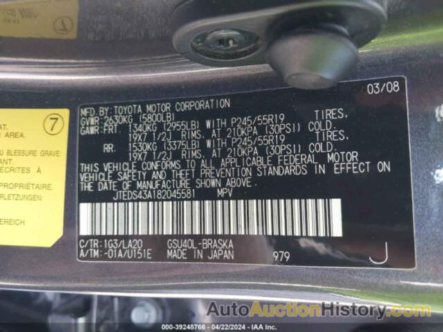 TOYOTA HIGHLANDER SPORT, JTEDS43A182045581