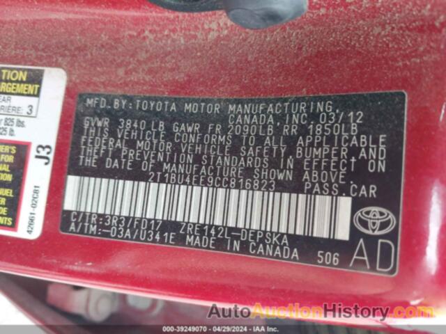 TOYOTA COROLLA S, 2T1BU4EE9CC816823