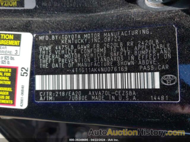 TOYOTA CAMRY SE, 4T1G11AK4NU076169