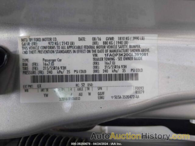 FORD FOCUS SE, 1FADP3K20GL391081