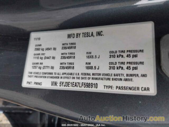 TESLA MODEL 3 STANDARD RANGE PLUS REAR-WHEEL DRIVE/STANDARD RANGE REAR-WHEEL DRIVE, 5YJ3E1EA7LF598910