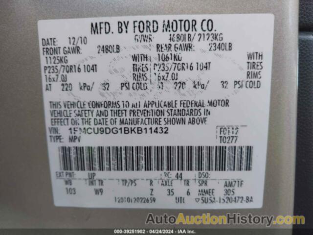 FORD ESCAPE XLT, 1FMCU9DG1BKB11432