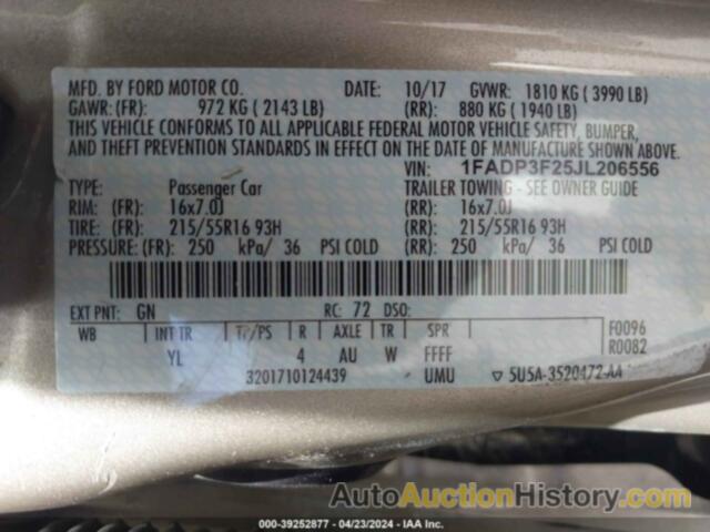 FORD FOCUS SE, 1FADP3F25JL206556