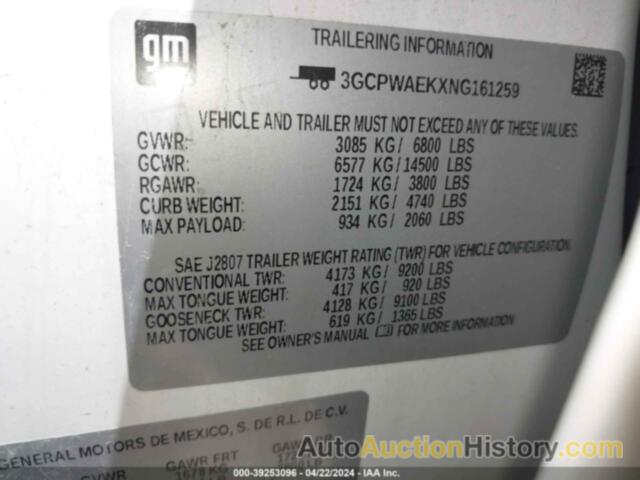 CHEVROLET SILVERADO 1500 LTD 2WD  SHORT BED WT, 3GCPWAEKXNG161259