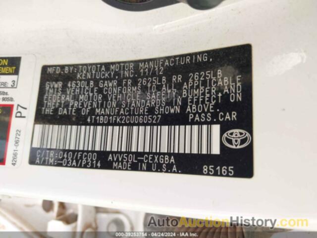 TOYOTA CAMRY HYBRID XLE, 4T1BD1FK2CU060527