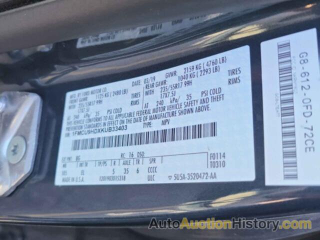 FORD ESCAPE SEL, 1FMCU9HDXKUB33403