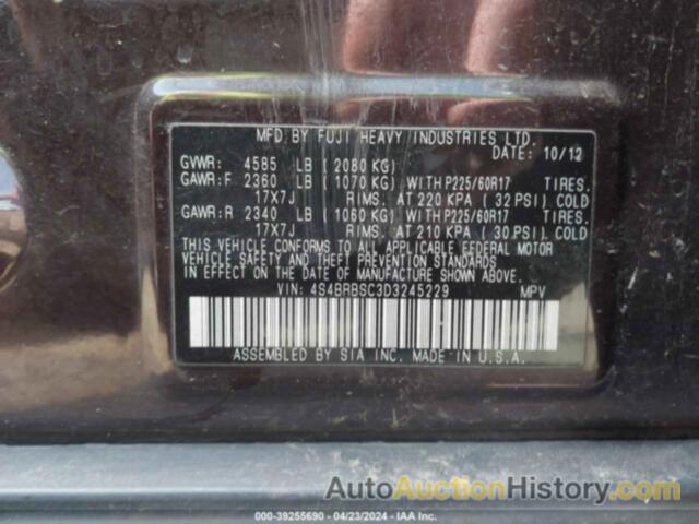 SUBARU OUTBACK 2.5I LIMITED, 4S4BRBSC3D3245229