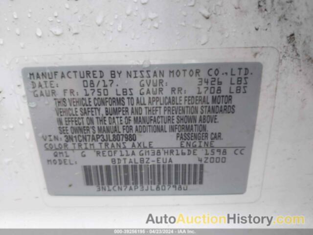 NISSAN VERSA 1.6 SV, 3N1CN7AP3JL807980