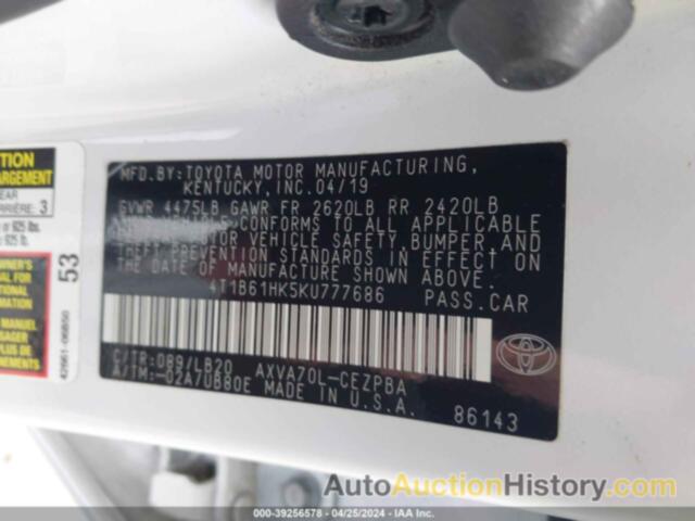 TOYOTA CAMRY XSE, 4T1B61HK5KU777686