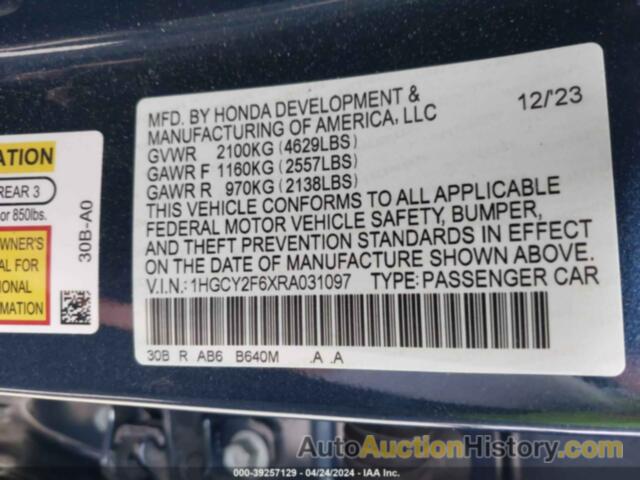 HONDA ACCORD HYBRID EX-L, 1HGCY2F6XRA031097