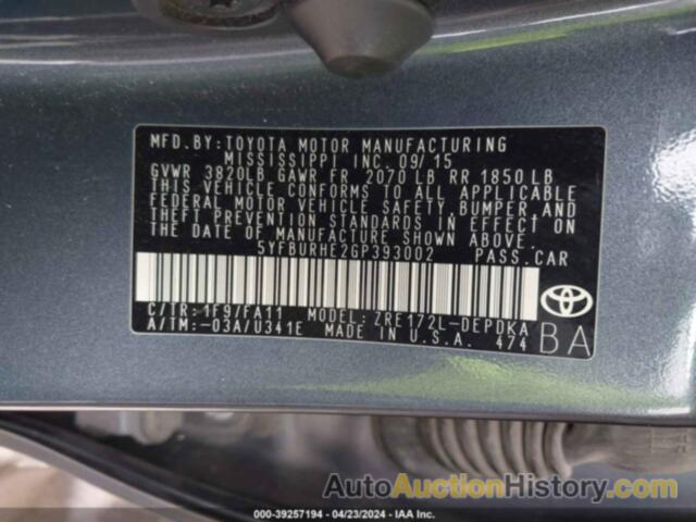 TOYOTA COROLLA L/LE/LE PLS/PRM/S/S PLS, 5YFBURHE2GP393002