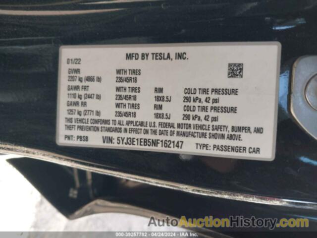 TESLA MODEL 3 LONG RANGE DUAL MOTOR ALL-WHEEL DRIVE, 5YJ3E1EB5NF162147