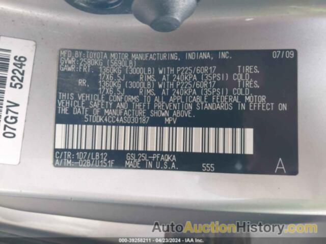 TOYOTA SIENNA XLE, 5TDDK4CC4AS030187